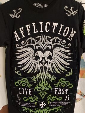 Affliction Black Tee with White and Lime Green Graphic